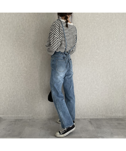 copine（コピン）の「【2021ss】バックレースアップハイウエストデニムサロペットパンツ(2color)（サロペット/オーバーオール・レディース・ブルー/その他・ワンサイズ）」の2枚目の写真