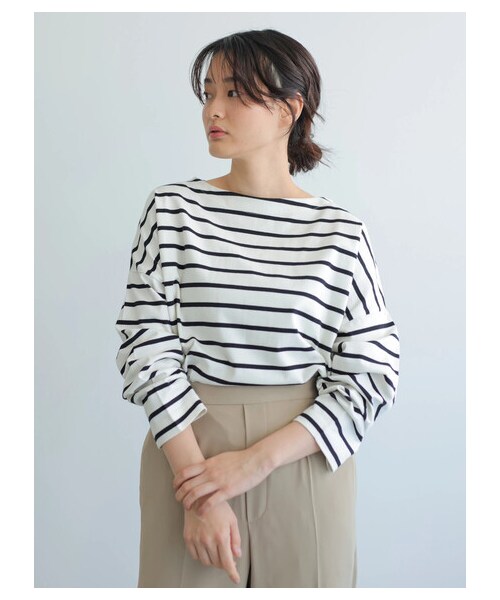 AMERICAN HOLIC（アメリカンホリック）の「ベビーウエイトボーダーボートネックプルオーバー（トップス・アイボリー/ピンク/イエロー/サックスブルー/ネイビー・M/L）」の9枚目の写真