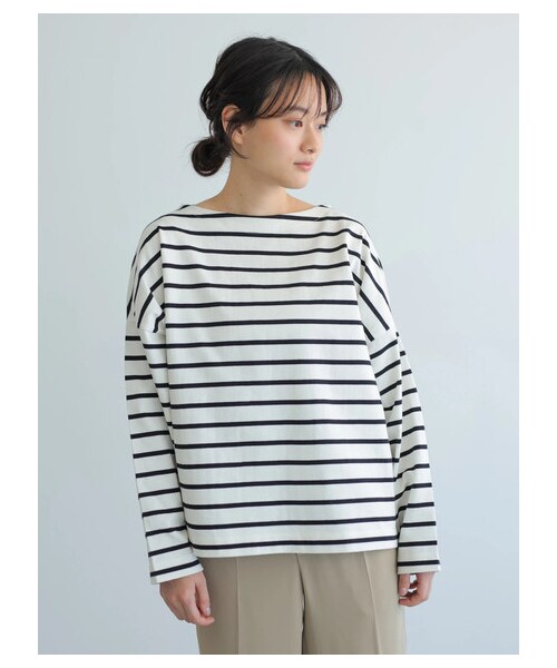 AMERICAN HOLIC（アメリカンホリック）の「ベビーウエイトボーダーボートネックプルオーバー（トップス・アイボリー/ピンク/イエロー/サックスブルー/ネイビー・M/L）」の2枚目の写真