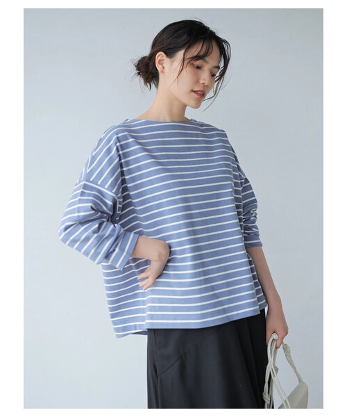 AMERICAN HOLIC（アメリカンホリック）の「ベビーウエイトボーダーボートネックプルオーバー（トップス・アイボリー/ピンク/イエロー/サックスブルー/ネイビー・M/L）」の12枚目の写真