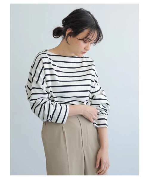 AMERICAN HOLIC（アメリカンホリック）の「ベビーウエイトボーダーボートネックプルオーバー（トップス・アイボリー/ピンク/イエロー/サックスブルー/ネイビー・M/L）」の10枚目の写真