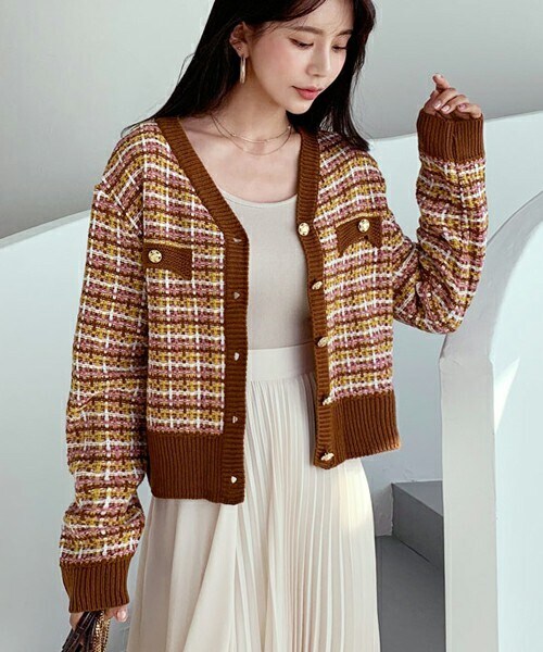 DHOLIC（ディーホリック）の「ツイード風配色カーディガン（カーディガン/ボレロ・レディース・グリーン/ピンク/レッド・ONESIZE）」の2枚目の写真