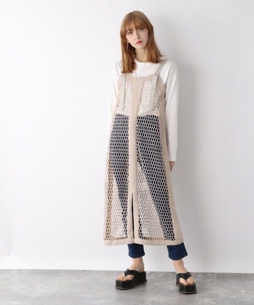 JEANASIS（ジーナシス）の「クラフトネット2Pノースリーブワンピース（ワンピース/ドレス・ブラック()/ベージュ()）」の4枚目の写真