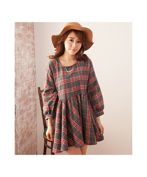 gracegift(グレースギフト)の「復古假期 韓國格紋娃娃洋裝(ワンピース/ドレス・レディース・灰・F)」の4枚目の写真