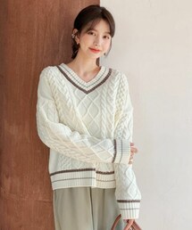 【美品】DRESSTERIOR パッチワークケーブルアシンメトリーVネックニット 岸本セシルさん着用】メランジVネックニット | N. Natural Beauty