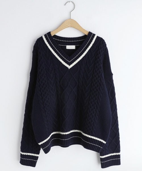 【美品】DRESSTERIOR パッチワークケーブルアシンメトリーVネックニット 岸本セシルさん着用】メランジVネックニット | N. Natural Beauty