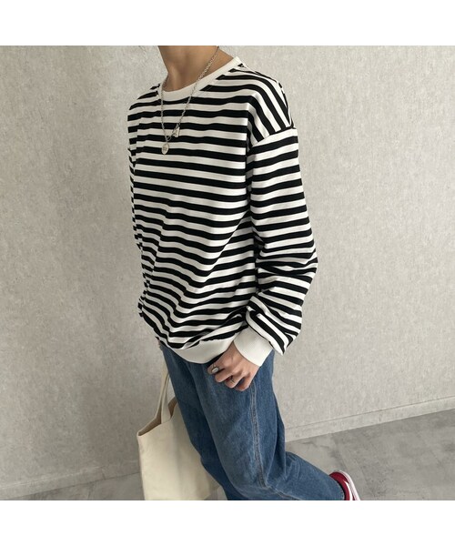 copine（コピン）の「【2021ss】ゆるっと可愛い！ボーダー柄プルオーバー (2color)（Tシャツ/カットソー・レディース・ブルー/ブラック・ワンサイズ）」の2枚目の写真