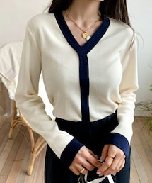 DHOLIC | 配色ラインVネックニット(ニット/セーター)