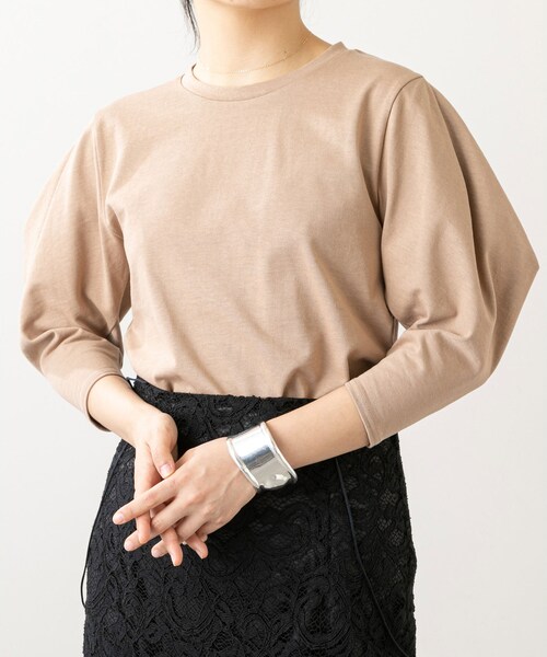 タックスリーブTシャツ タックスリーブストライプトップス(カットソー・Tシャツ