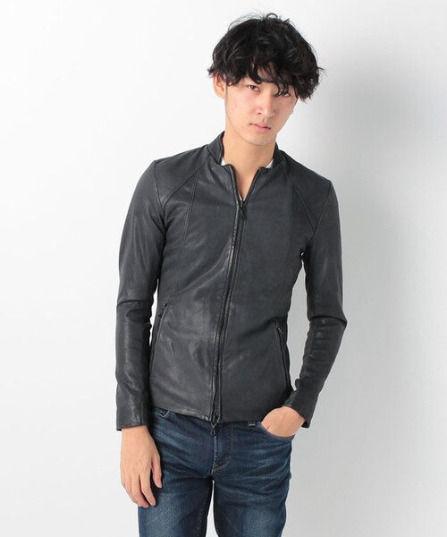 MORGAN HOMME（モルガンオム）の「オープンスタンドシングルレザー（984G47）（ジャケット/アウター・メンズ・ベージュ/ネイビー・M/L）」の2枚目の写真