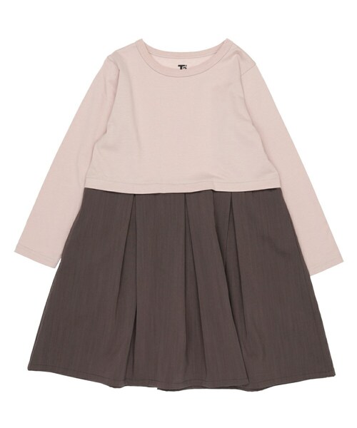 T>>2（ティーツー）の「長袖切替ワンピース（ワンピース・キッズ・ホワイト×グリーン/ピンク×ブラウン/杢グレー×ブラック/ブラック×グレー・90-150）」の4枚目の写真