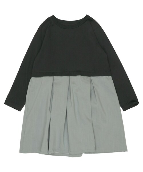 T>>2（ティーツー）の「長袖切替ワンピース（ワンピース・キッズ・ホワイト×グリーン/ピンク×ブラウン/杢グレー×ブラック/ブラック×グレー・90-150）」の2枚目の写真