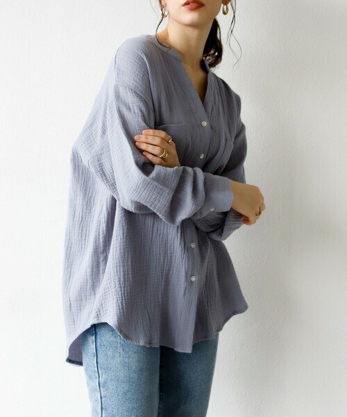 Auntie Rosa Holiday（アンティローザホリデー）の「キーネックダブルガーゼシャツ（シャツ/ブラウス・レディース・ホワイト/ブラック/ブラウン/グリーン/ブルー/パープル/イエロー・FREE）」の5枚目の写真