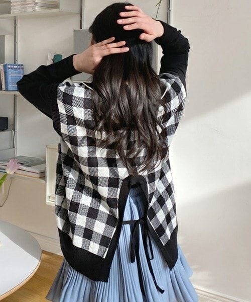 DHOLIC（ディーホリック）の「バックリボンチェックベスト（ベスト・レディース・ピンク/ホワイト/ブラック・ONESIZE）」の3枚目の写真