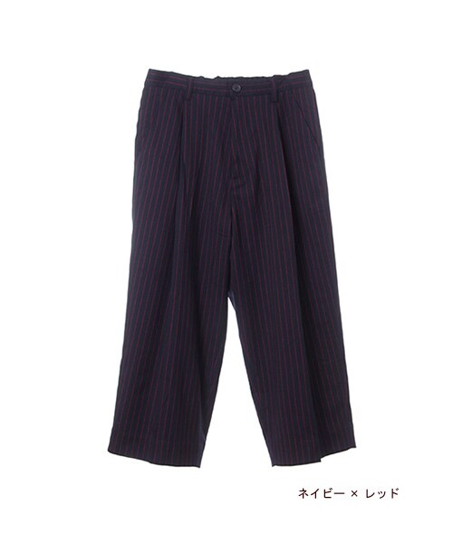 w closet（ダブルクローゼット）の「ストライプ7分丈ワイドクロップドタックパンツ（パンツ・レディース・グレー×ホワイト/ネイビー×レッド・FREE）」の3枚目の写真