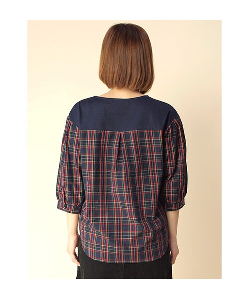 w closet（ダブルクローゼット）の「シルケット天竺×袖チェックプルオーバー（トップス・レディース・グレー×グリーン/ボルドー×ボルドー/ネイビー×ネイビー/ブラック×グレー・FREE）」の7枚目の写真