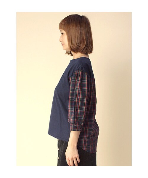 w closet（ダブルクローゼット）の「シルケット天竺×袖チェックプルオーバー（トップス・レディース・グレー×グリーン/ボルドー×ボルドー/ネイビー×ネイビー/ブラック×グレー・FREE）」の6枚目の写真