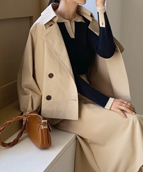 DHOLIC（ディーホリック）の「ガンフラハーフトレンチジャケット（トレンチコート・レディース・ベージュ/グリーン/ブルー/ライトベージュ・ONESIZE）」の4枚目の写真