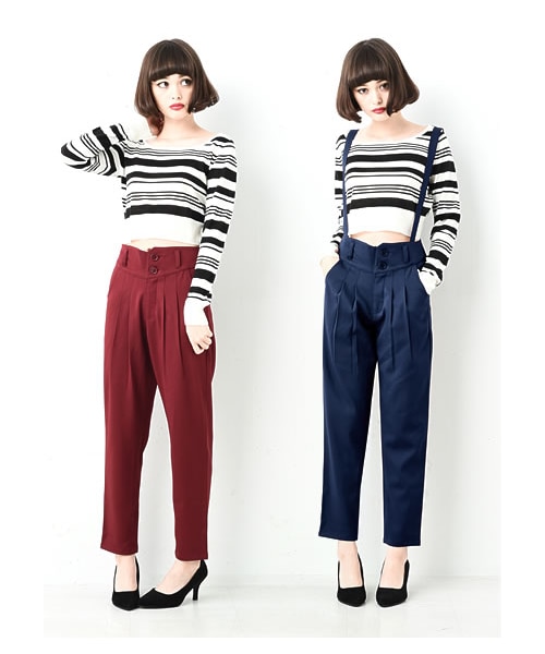 Re:EDIT(リエディ)の「無地&チェック柄サスペンダータックパンツ(パンツ・レディース・ブラック/ワイン/ネイビー/チェックレッド/チェックブルー/チェックグリーン/ピンストライプブラック/ピンストライプグリーン/ピンストライプネイビー・S/M/L)」の1枚目の写真