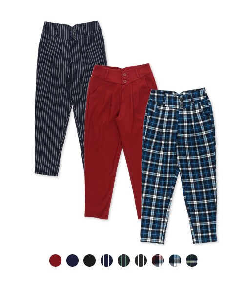 Re:EDIT(リエディ)の「無地&チェック柄サスペンダータックパンツ(パンツ・レディース・ブラック/ワイン/ネイビー/チェックレッド/チェックブルー/チェックグリーン/ピンストライプブラック/ピンストライプグリーン/ピンストライプネイビー・S/M/L)」の2枚目の写真