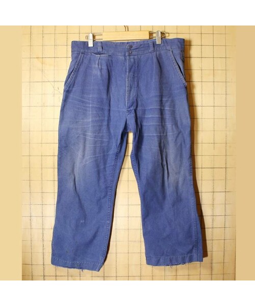 --(--)の「50s 60s フランス製 LE BEAU-FORT コットン ワーク ペインター タック パンツ W36相当 ネイビー ブルー ヨーロッパ古着 EURO(カーゴパンツ・メンズ・ブルー・L)」の1枚目の写真