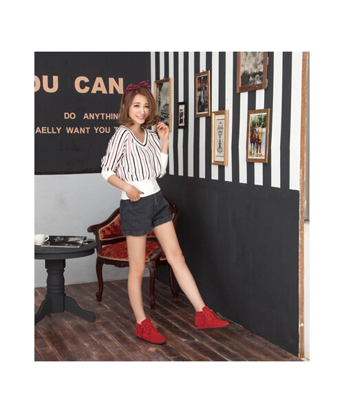 gracegift（グレースギフト）の「甜系女孩V領針織短版上衣（トップス・レディース・紅條紋/白・F）」の9枚目の写真