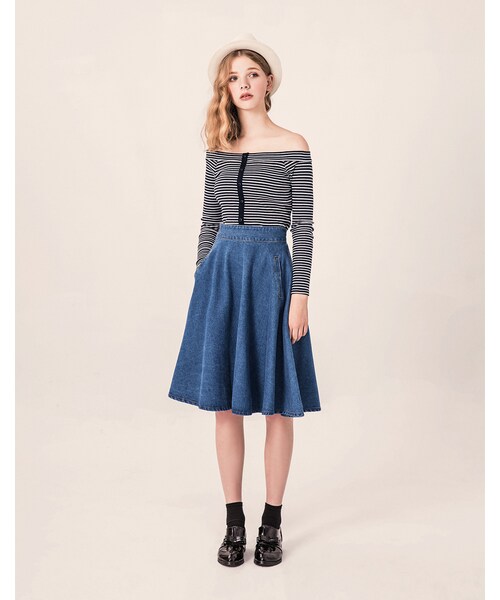 PAZZO（パッゾ）の「韓妞女孩 側邊口袋五分丹寧裙（スカート・レディース・藍・S/M/L）」の7枚目の写真