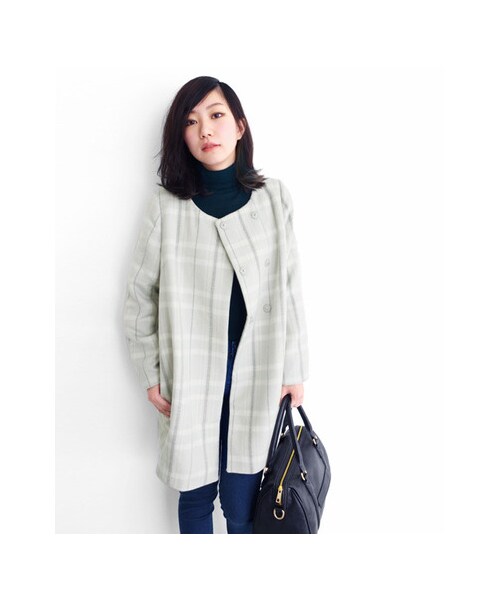 KBF（ケイビーエフ）の「KBF+　チェックノーカラーコート（ジャケット/アウター・レディース・NVY/CAM/GRY・one）」の5枚目の写真