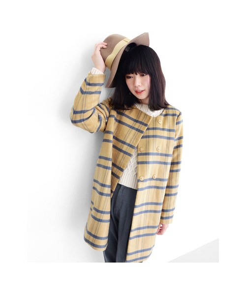 KBF（ケイビーエフ）の「KBF+　チェックノーカラーコート（ジャケット/アウター・レディース・NVY/CAM/GRY・one）」の8枚目の写真