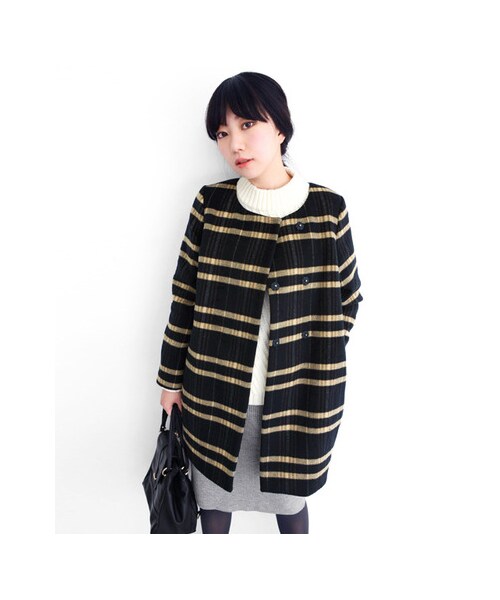 KBF（ケイビーエフ）の「KBF+　チェックノーカラーコート（ジャケット/アウター・レディース・NVY/CAM/GRY・one）」の10枚目の写真