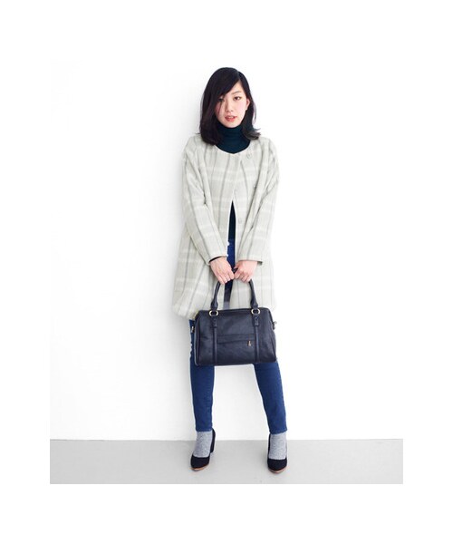 KBF（ケイビーエフ）の「KBF+　チェックノーカラーコート（ジャケット/アウター・レディース・NVY/CAM/GRY・one）」の4枚目の写真