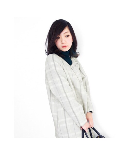 KBF（ケイビーエフ）の「KBF+　チェックノーカラーコート（ジャケット/アウター・レディース・NVY/CAM/GRY・one）」の6枚目の写真