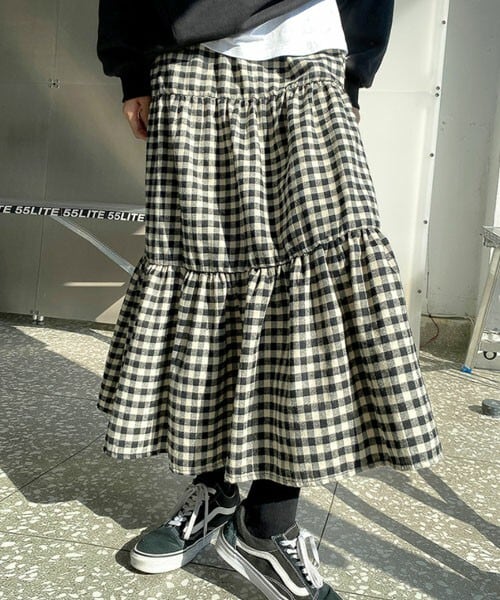 DHOLIC STYLE（ディーホリックスタイル）の「[wingsmall] ブロックチェックティアードスカート（スカート・レディース・グリーン/ブラック・FREE）」の2枚目の写真