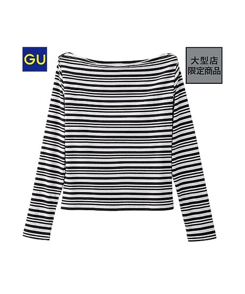 GU（ジーユー）の「（GU）ボーダーオフショルダーＴ（長袖）（WOMEN ⁄ カットソー（Ｔシャツ）・レディース・GRAY/BLACK/NAVY/YELLOW・M/XL/S/L）」の2枚目の写真