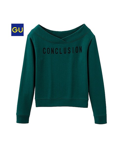 GU（ジーユー）の「（GU）オフショルダースウェット（ロゴ・長袖）（WOMEN ⁄ スウェット・レディース・GRAY/DARK GREEN/OFF WHITE/BLACK・L/M/S）」の4枚目の写真