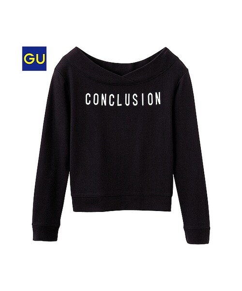 GU（ジーユー）の「（GU）オフショルダースウェット（ロゴ・長袖）（WOMEN ⁄ スウェット・レディース・GRAY/DARK GREEN/OFF WHITE/BLACK・L/M/S）」の3枚目の写真