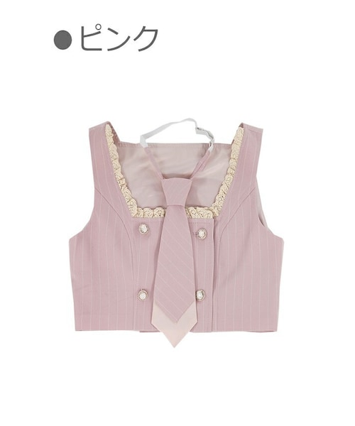 Bobon21(ボボンニジュウイチ)の「学園風ストライプ柄ミニ丈ベスト-全2色-(ベスト・レディース・グレー/ピンク・S/M/L)」の2枚目の写真