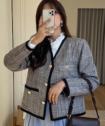 DHOLIC | ハートボタンツイードジャケット(ノーカラーコート)