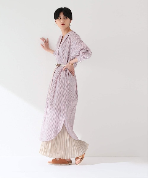 ロングルーズストライプシャツワンピ（シャツワンピース）｜B.C