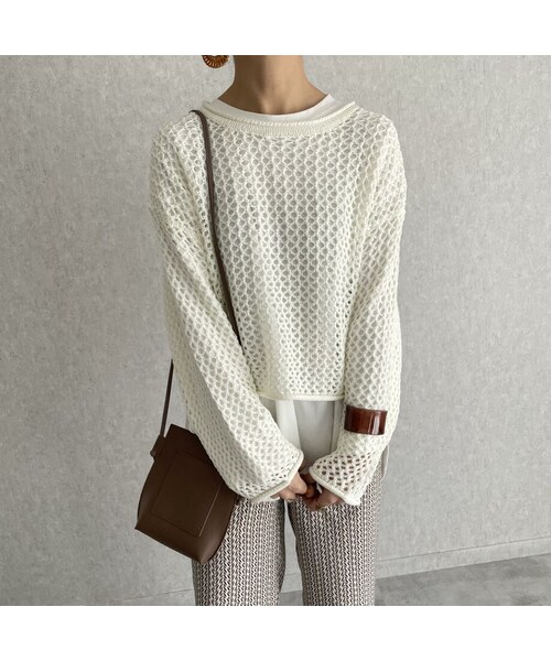 copine(コピン)の「レイヤードスタイルに♪ 透かしメッシュ編みニット(2color)(ニット/セーター・レディース・ホワイト/オレンジ・ワンサイズ)」の1枚目の写真