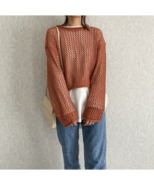 copine(コピン)の「レイヤードスタイルに♪ 透かしメッシュ編みニット(2color)(ニット/セーター・レディース・ホワイト/オレンジ・ワンサイズ)」の2枚目の写真