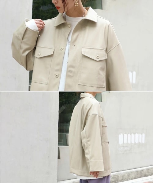 Sheson（シーズン）の「エコレザーBIGシャツジャケット（その他アウター・レディース・ベージュ/カーキ・FREE）」の3枚目の写真