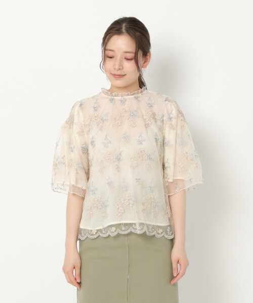 刺繍 五分袖 トップス 上品 フォーマル mysty woman（ミスティウーマン 