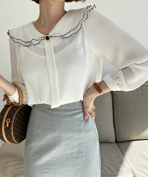 DHOLIC（ディーホリック）の「ラウンドダブルカラーブラウス（シャツ/ブラウス・レディース・ブルー/ホワイト/ピンク・ONESIZE）」の2枚目の写真