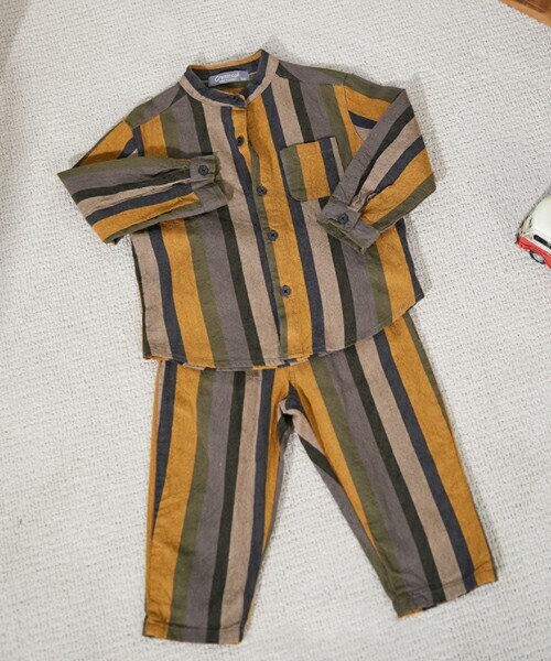 DHOLIC kids（ディーホリックキッズ）の「[creamcok] ミックスストライプシャツ上下SET（シャツ/ブラウス・キッズ・ブラウン/イエロー・5/7/9/11/13）」の2枚目の写真