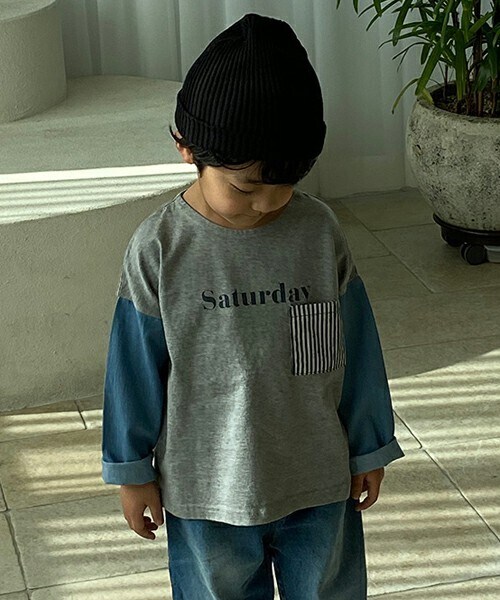 DHOLIC kids（ディーホリックキッズ）の「[greentomato] SaturdayストライプポケットTシャツ（Tシャツ/カットソー・キッズ・ブルー/グレー・3/5/7/9/11/13/15）」の2枚目の写真