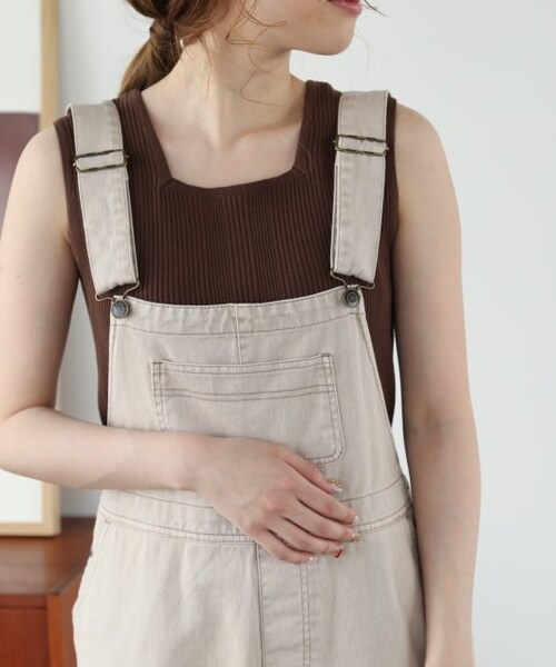 OUTLET（アウトレット）の「10ozデニム×カラーツイルサロペット（オールインワン・サロペット・レディース・ベージュ/ワンウォッシュ・FREE）」の6枚目の写真