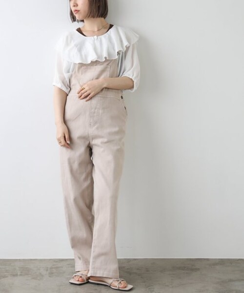 OUTLET（アウトレット）の「10ozデニム×カラーツイルサロペット（オールインワン・サロペット・レディース・ベージュ/ワンウォッシュ・FREE）」の8枚目の写真