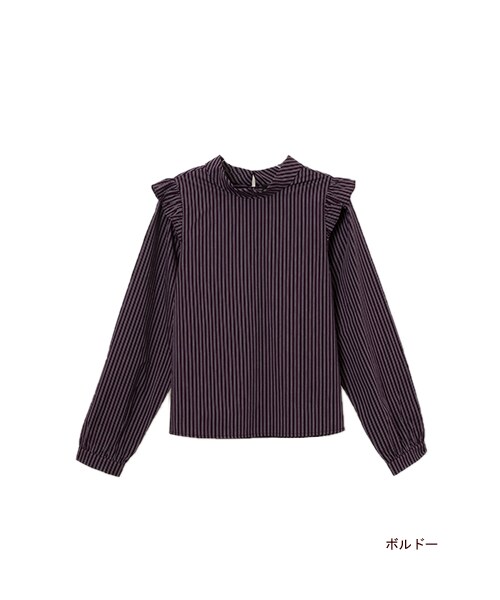 w closet（ダブルクローゼット）の「先染めストライプ柄肩フリルプルオーバー（トップス・レディース・ボルドー/ブラック・FREE）」の2枚目の写真