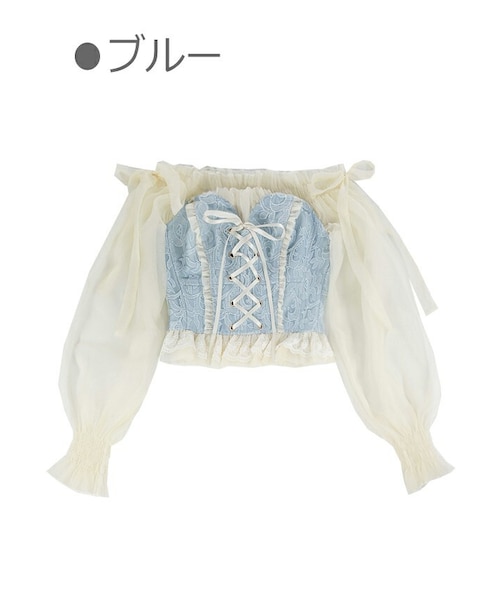 Bobon21（ボボンニジュウイチ）の「レース×シフォンレイヤード風オフショルトップス-全２色-（シャツ/ブラウス・レディース・ホワイト/ブルー・S/M/L）」の2枚目の写真